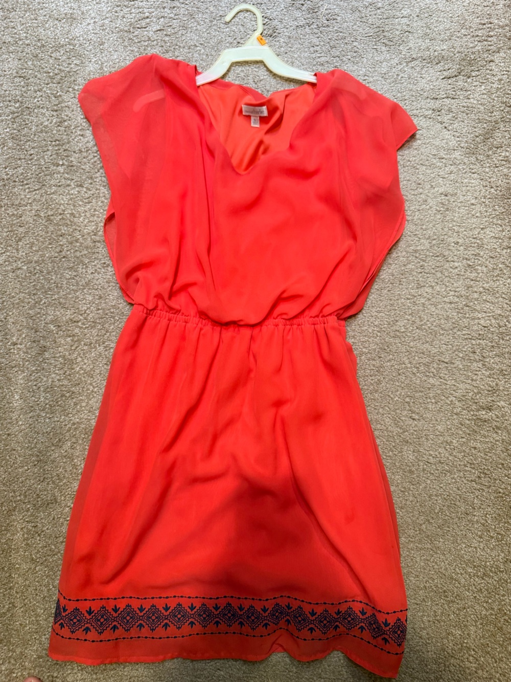 Charlies Coral Short Sleeve Blouson Waist Dress with Navy Embroidered Hem